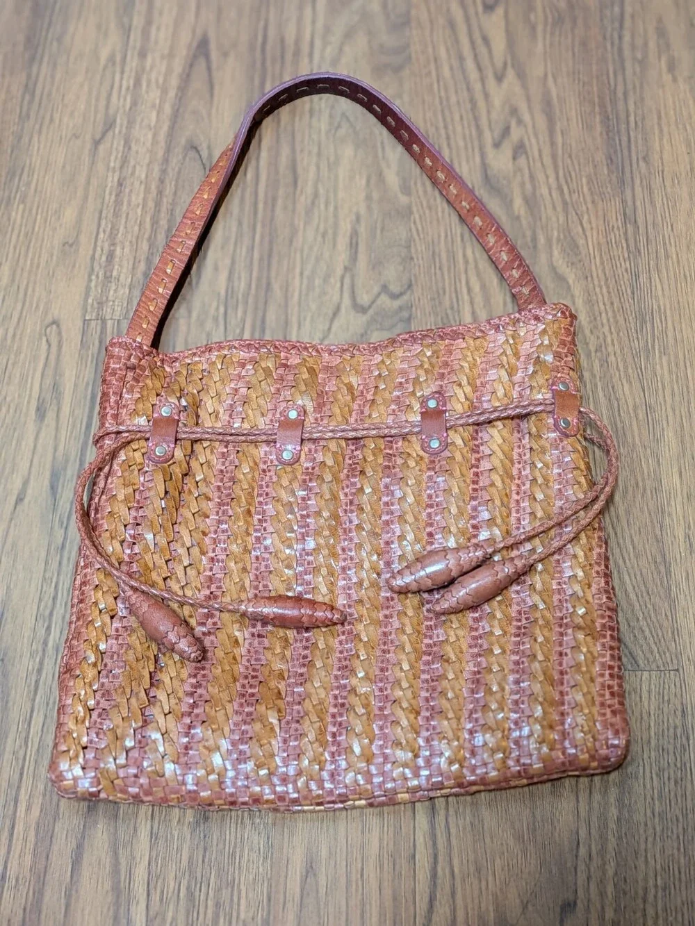 Martina Caponi Italy Brown Woven Braided Leather Bag Hobo Drawstring Polka Dot